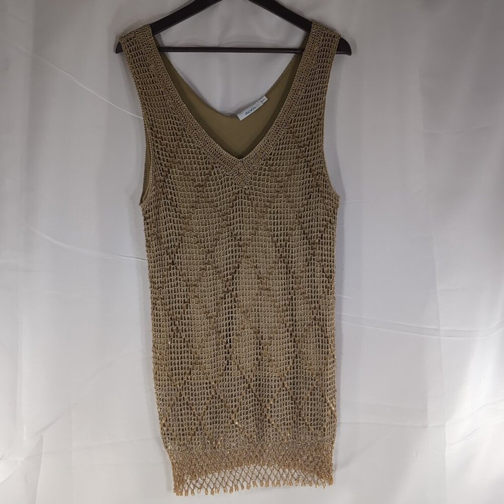 Ricki's XL Beaded Gold Crochet Knit Tank Top Dress Sleeveless V-Neck Flapper
